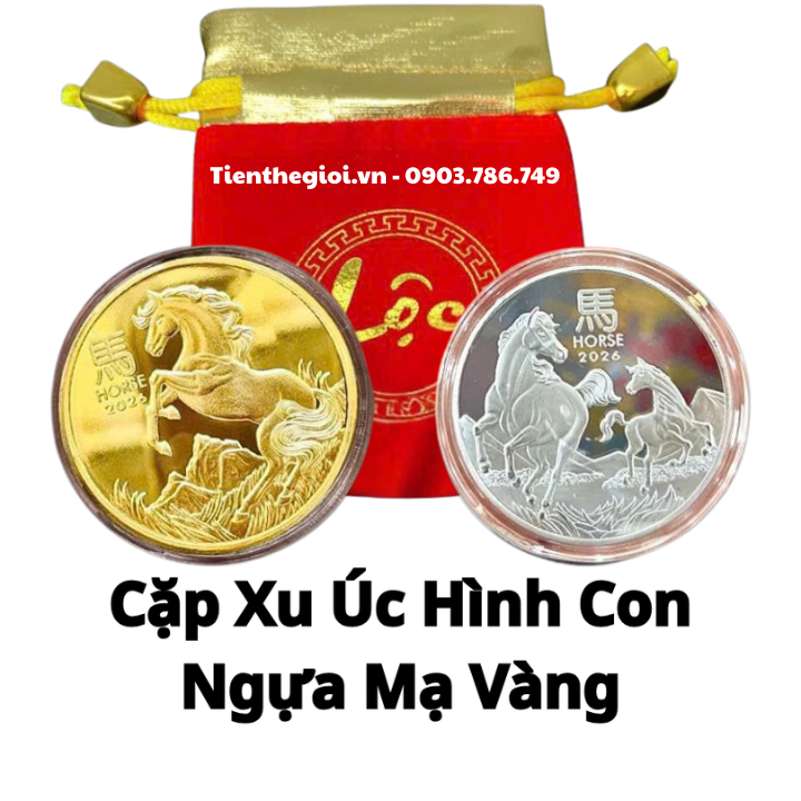 Cặp Xu Úc Hình Con Ngựa Mạ Vàng Bạc tặng Túi Gấm Lộc